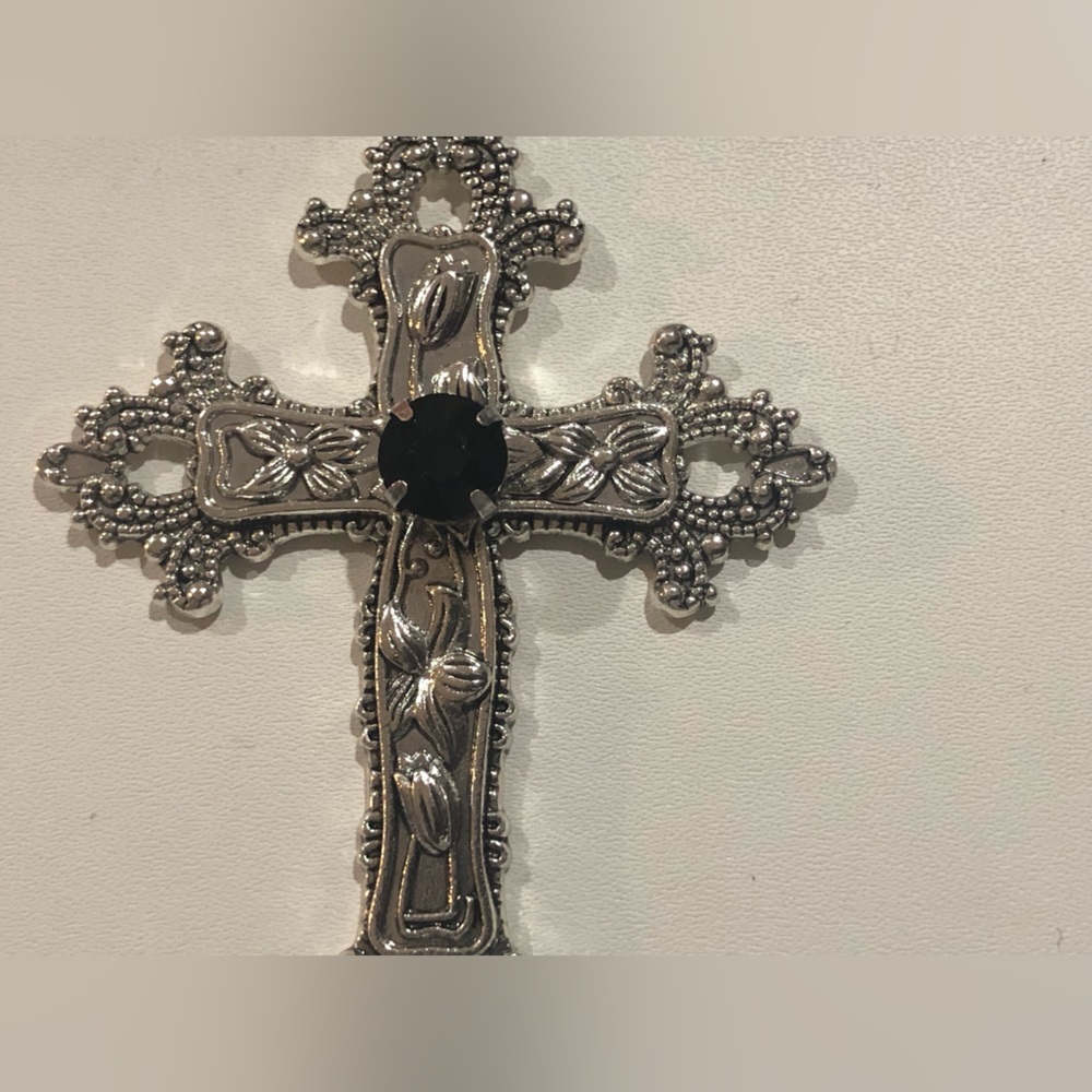 Black velvet strap black onyx look silver cross 13”‎ goth mystical choker new - Picture 4 of 10